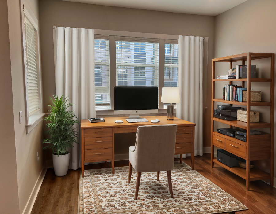 The Sloan at LoSo apartments in Charlotte, NC - bedroom with a large bed, two side tables and lamps, wall art, and large window with natural light